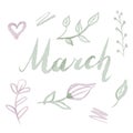 Spring watercolor Set lettering illustration icons flowers March Royalty Free Stock Photo